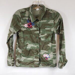 Roebuck & Co Girls Green Camo Lng Slv Collared Floral Embroi Shirt Sz 10-12